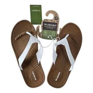 OKABASHI Breeze Women M 6.5 - 7.5 Supportive Thong Flip Flops Toffee & White NEW